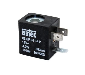 Bobine Forme B Industrielle pour distributeur pneumatique à commande électrique, tension 12 VDC, puissance DC 4,2 W, largeur de 22 mm, espacement des contacts de 11 mm - Référence Airtec 23-SP-011-411