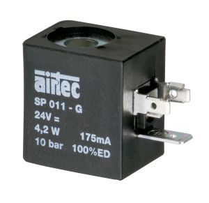 Bobine Forme B pour distributeur à commande électrique, tension 24 VDC, puissance 4,2 W, largeur de 22 mm, espacement des contacts de 10 mm - Référence Airtec 23-SP-011-G-412
