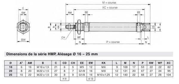Vérin pneumatique double effet à amortissement réglable, diamètre 32 mm -  HMP-32